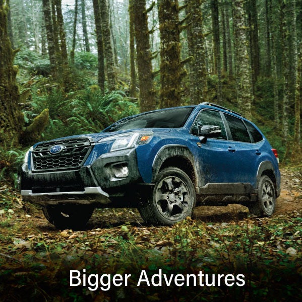 A blue Subaru outback wilderness with the words &ldquo;Bigger Adventures&ldquo;. | Subaru of North Miami in Miami FL