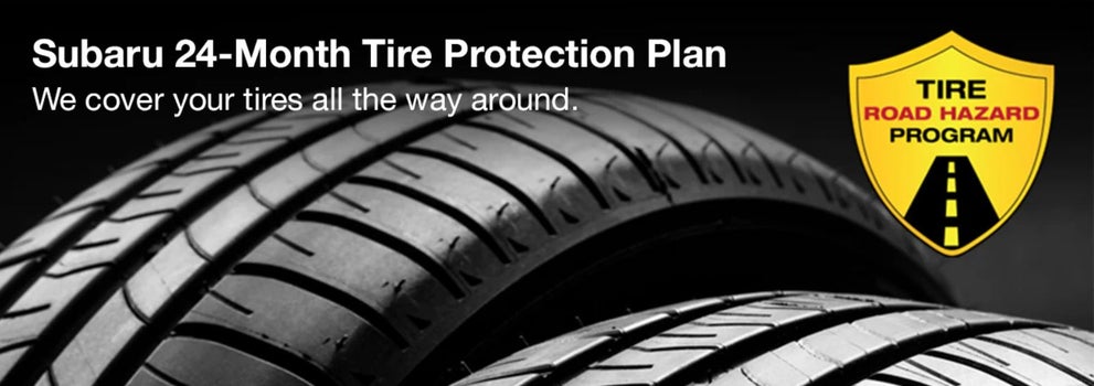 Subaru tire with 24-Month Tire Protection and road hazard program logo. | Subaru of North Miami in Miami FL