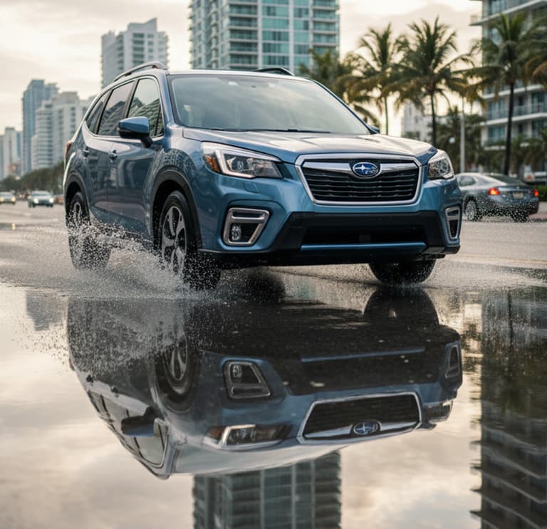 Subaru Symmetrical All-Wheel Drive helps maintain stability on wet Florida roads.